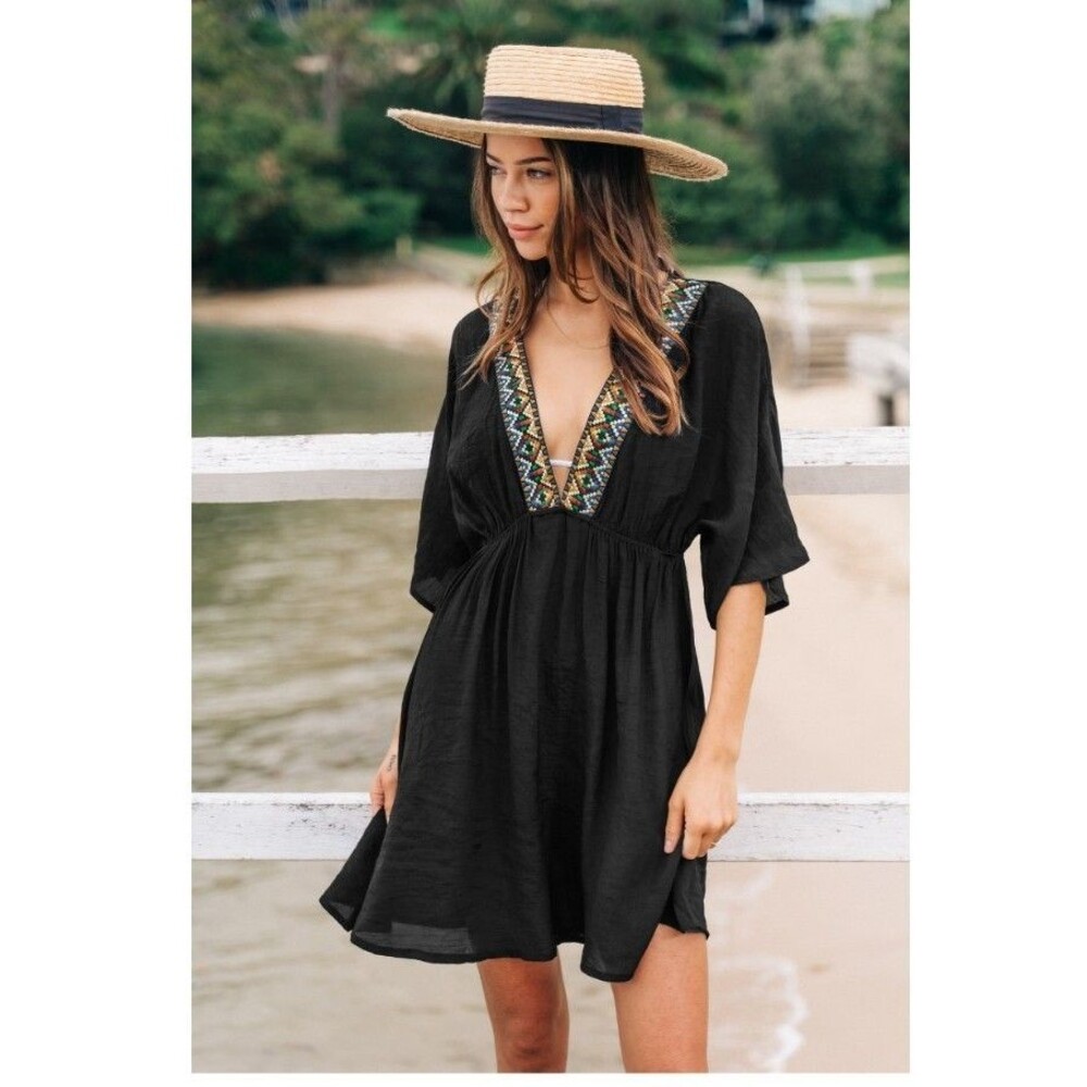 Cupshe V Neck Embroidered Cover Up Dress Black Boho Smocked Waist NWT Size S - Picture 5 of 11